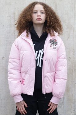 HYPE X ED HARDY GIRLS CROPPED PINK PUFFER JACKET