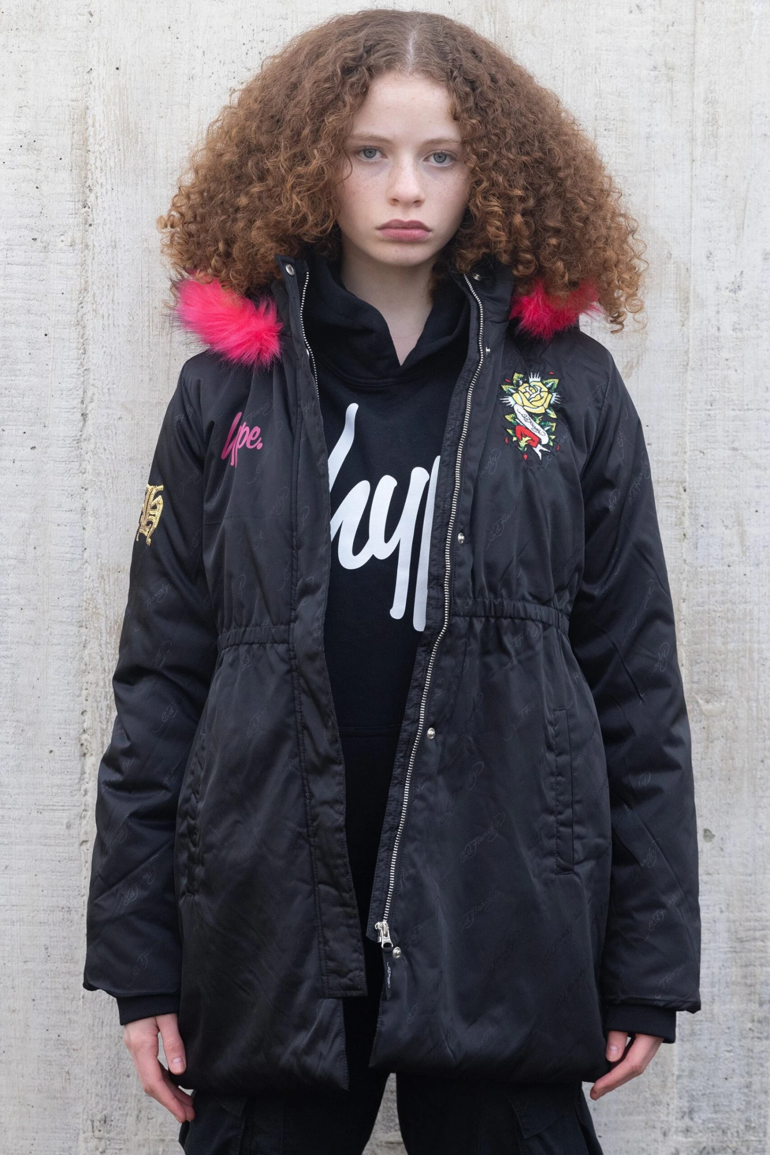 HYPE X ED HARDY GIRLS JAQUARD BLACK PARKA JACKET 3 HYPE X ED HARDY GIRLS JAQUARD BLACK PARKA JACKET