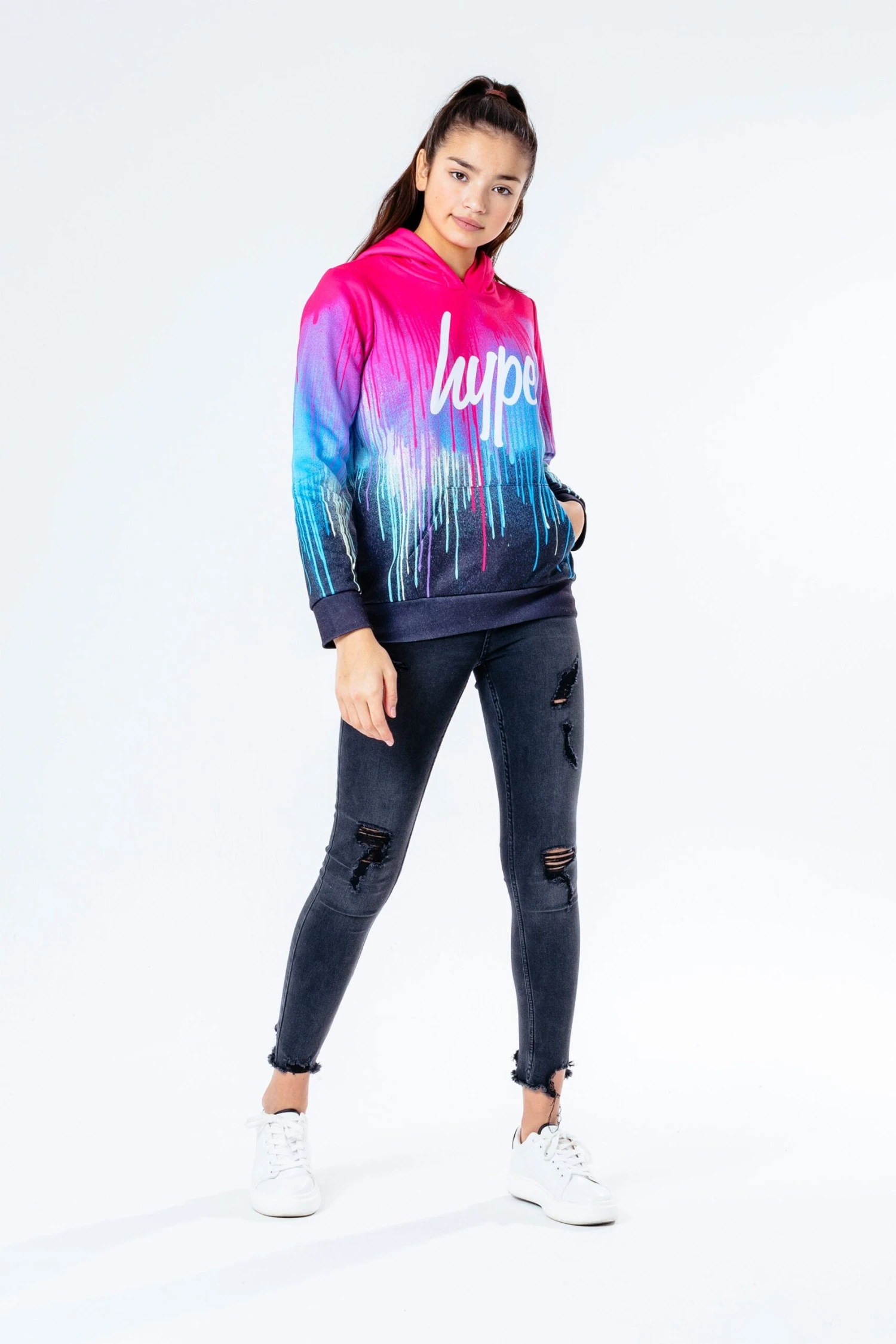 HYPE PINK SPRAY DRIPS GIRLS PULLOVER HOODIE 4 HYPE PINK SPRAY DRIPS GIRLS PULLOVER HOODIE - Image 2