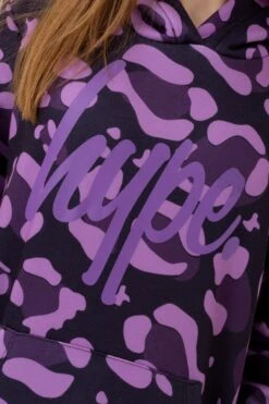 HYPE GIRLS PURPLE LEOPARD SCRIPT LONGLINE HOODIE -Hype TWAO 1001DETAIL
