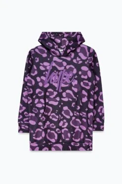 HYPE GIRLS PURPLE LEOPARD SCRIPT LONGLINE HOODIE -Hype TWAO 1001FLAT