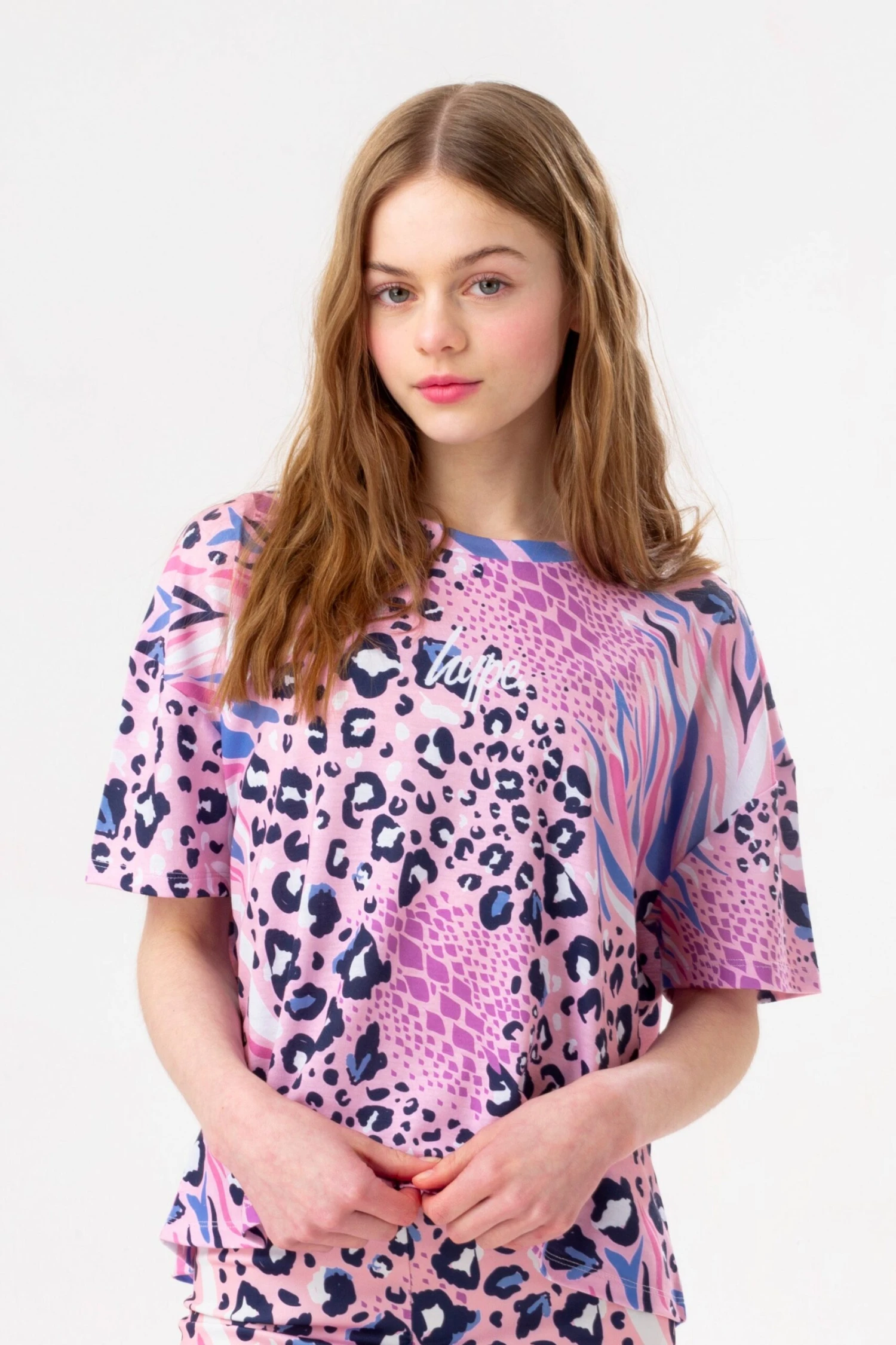 HYPE GIRLS PINK ABSTRACT LEOPARD DROP SHOULDER BOXY T-SHIRT 3 HYPE GIRLS PINK ABSTRACT LEOPARD DROP SHOULDER BOXY T-SHIRT