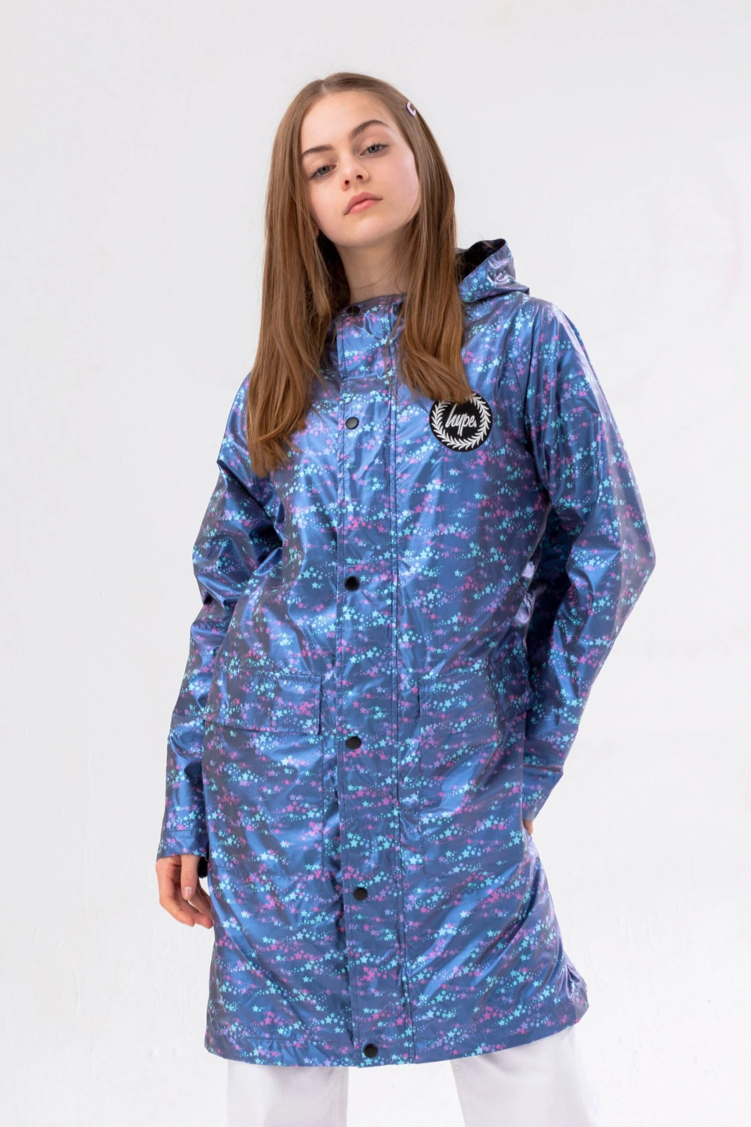 HYPE GIRLS LONGLINE BLUE STAR FADE RAINCOAT 3 HYPE GIRLS LONGLINE BLUE STAR FADE RAINCOAT