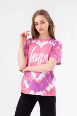HYPE GIRLS PINK TIE DYE HEART SCRIPT T-SHIRT