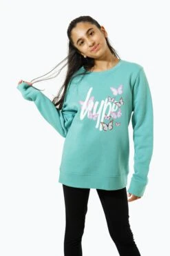 HYPE GIRLS TEAL BUTTERFLY SCRIPT CREW NECK