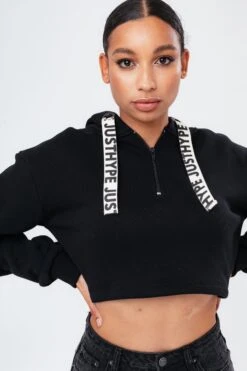 HYPE BLACK DRAPED SLEEVE QUARTER ZIP WOMEN'S PULLOVER HOODIE -Hype TWLR 127detail