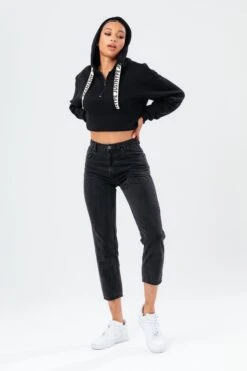 HYPE BLACK DRAPED SLEEVE QUARTER ZIP WOMEN'S PULLOVER HOODIE -Hype TWLR 127fullfront2