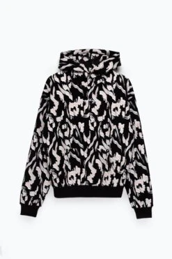 HYPE WOMENS BLACK BRUSH STROKE LEOPARD HOODIE