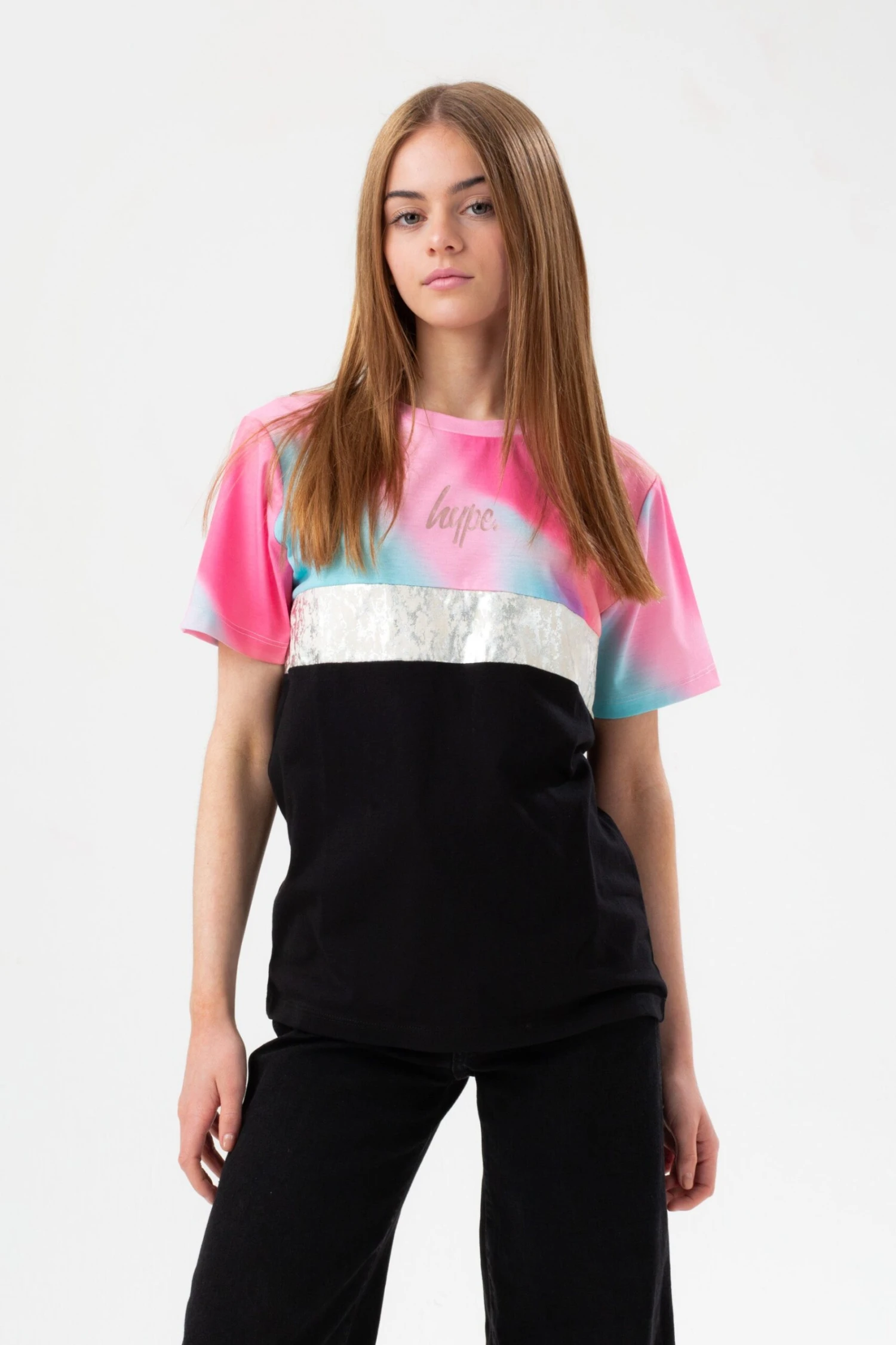HYPE GIRLS BLACK PASTEL WAVE PANEL SCRIPT T-SHIRT 3 HYPE GIRLS BLACK PASTEL WAVE PANEL SCRIPT T-SHIRT